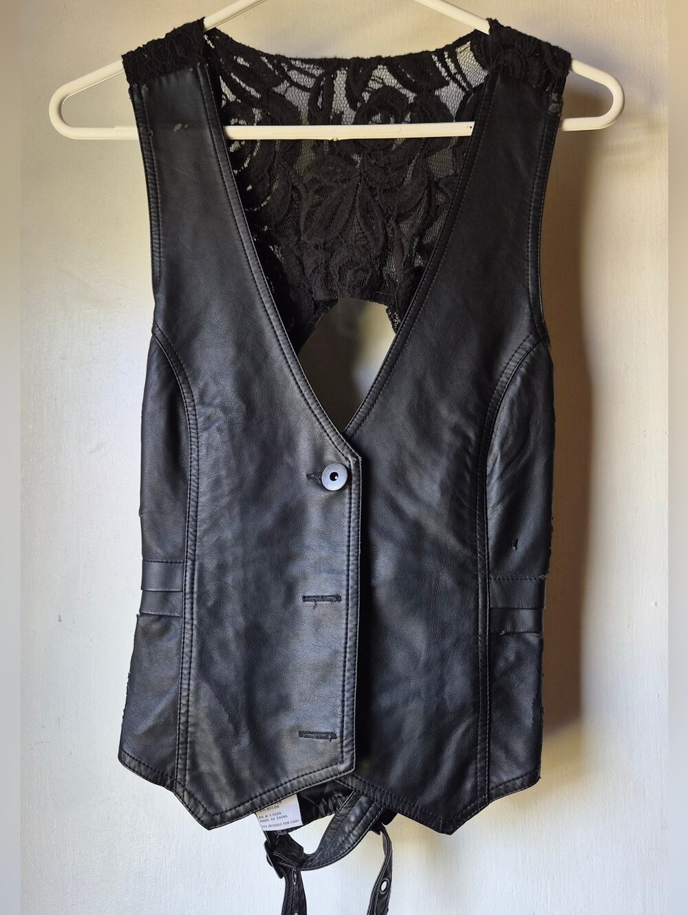 Black Leather Vest with Lace Back - Women's Jacket * Cracking